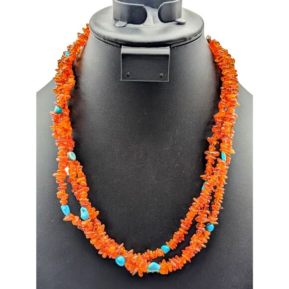 Desert Rose Trading Company Three Strand Amber Chip Turquoise Sterling Necklace - Picture 1 of 8